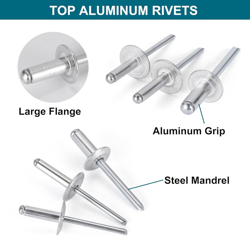 SATANTECH 200PCS Pop Rivets Assortment Kit, Large Flange Aluminum Rivets(1/8" 3/16" 1/4") Assorted Blind Rivets with Case - Image 2